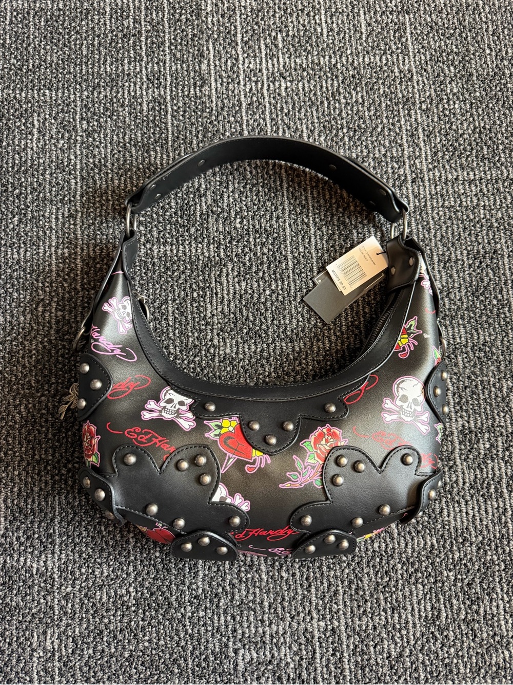 Ed Hardy Tattoo Print Hobo Bag Black Studded Love Kills Slowly Cross Charm NWT